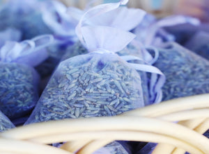 Kelso Lavender, Pink Lavender Sachets, Small (4.5g), Close Up View, In a Basket